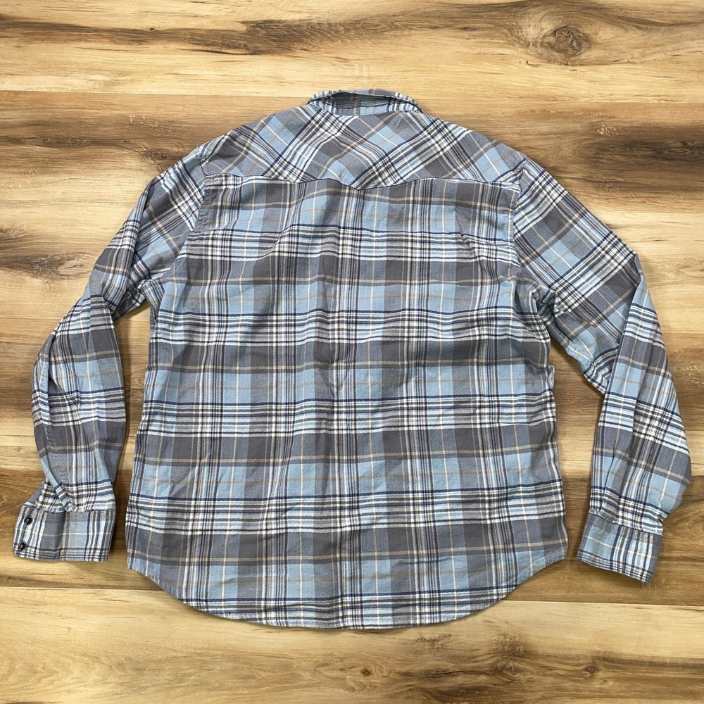 Lucky Brand Western Shirt Mens XL Plaid Saturday Stretch Pearl Snap Blue Grey - Picture 9 of 9